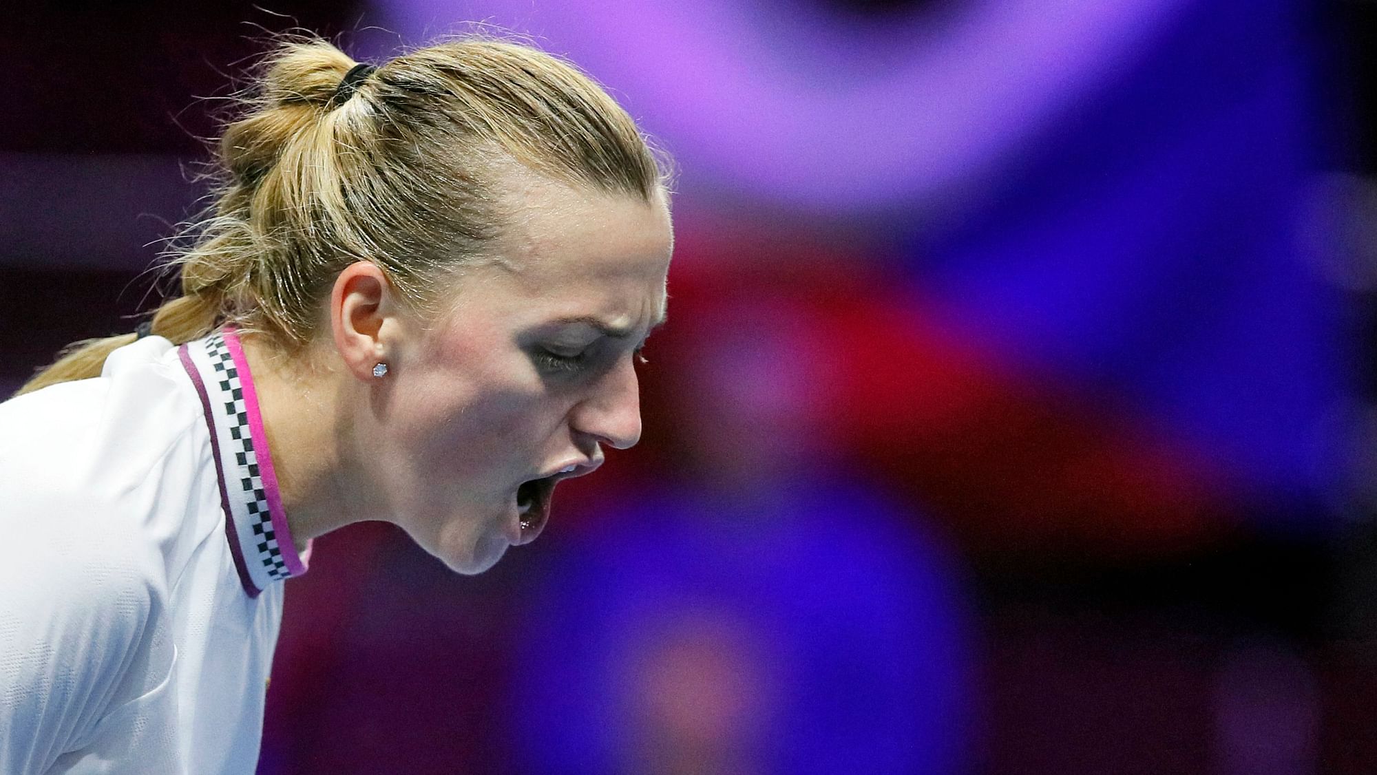 Petra Kvitova reacts during her surprise defeat in the St. Petersburg Open quarter-finals to Donna Vekic.