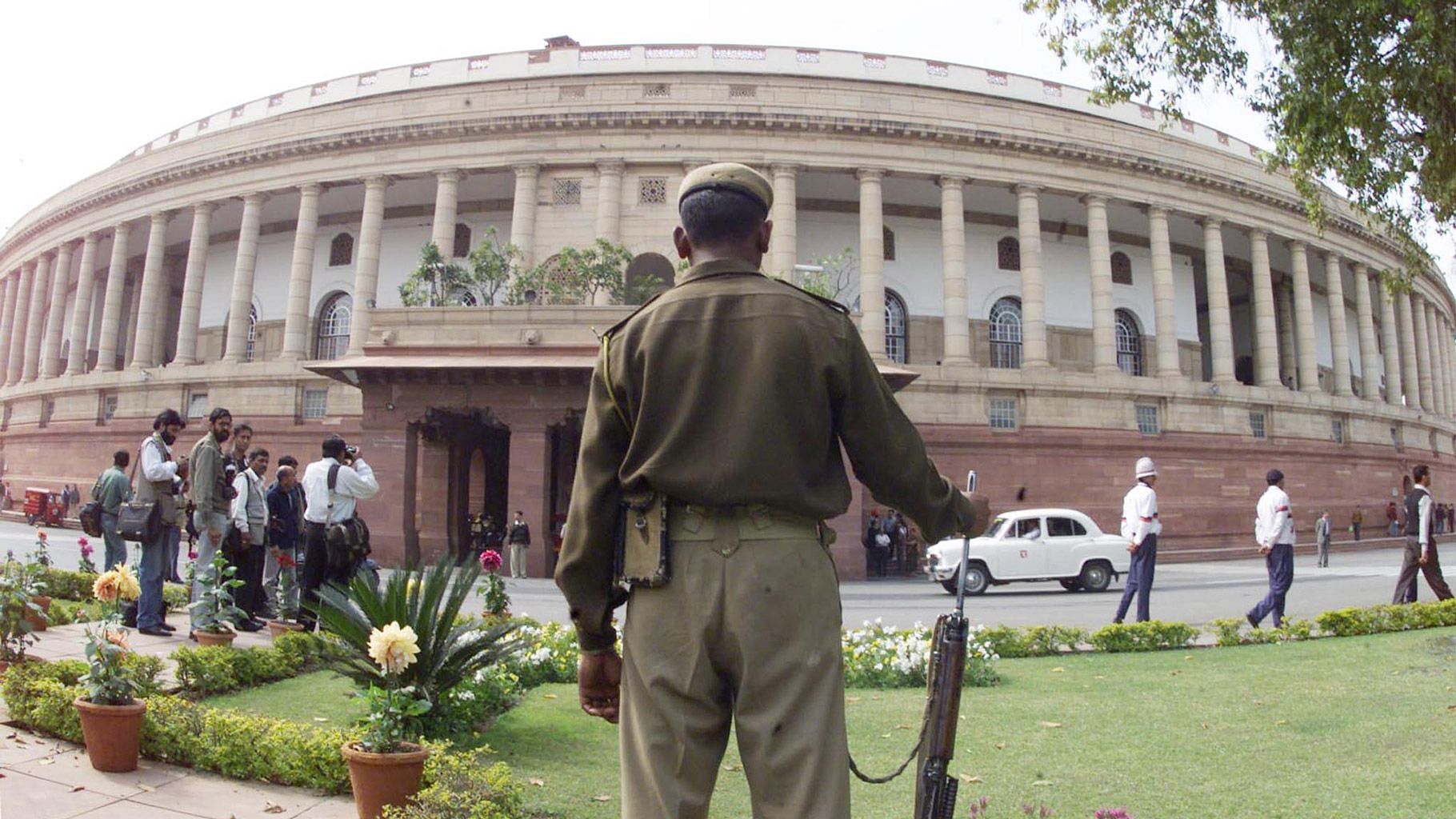 Delhi Police personnel guards the Indian Parliament building from outside in New Delhi. Image used for representational purposes.&nbsp;