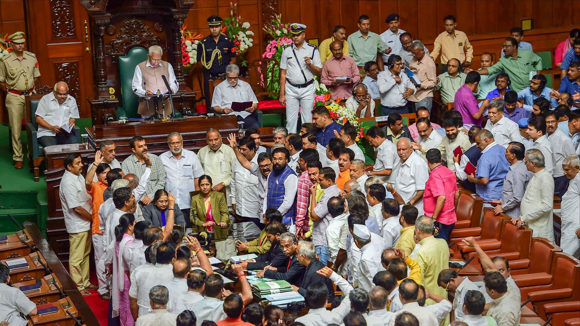 BJP MLAs stormed the well of the House during the first day of the Karnataka budget on Tuesday, 6 February.