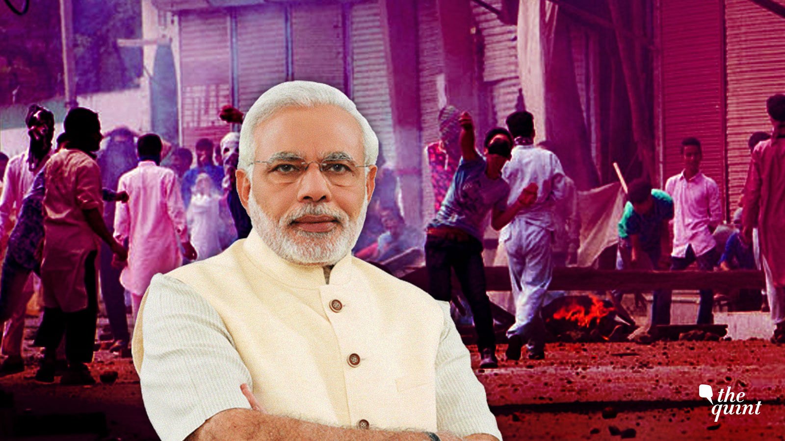 Image of PM Modi superimposed on an archival picture of stone-pelting in J&amp;K, used for representational purposes.