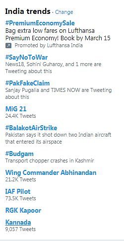 Wing Commander Abhinandan and #SayNoToWar trend on Twitter in both India and Pakistan.