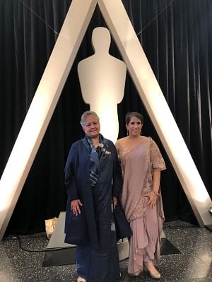 Los Angeles: Indian film producer Guneet Monga, whose "Period. End of Sentence" won Oscar in Documentary Short Subject category, with Action India Chairperson Gauri Choudhary during the 91st Academy Awards at the Dolby Theater in Los Angeles, the United States, on Feb. 24, 2019. (Photo: IANS)
