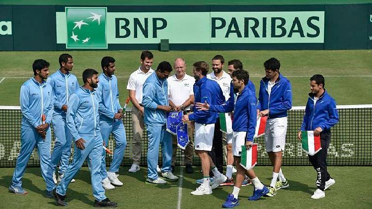 The Indian and Italian contingents greet each other ahead of their Davis Cup qualifier in Kolkata, which Italy won to go through to the Finals.
