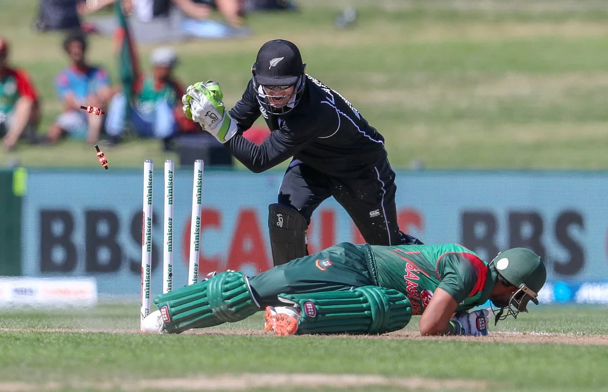 Sabbir Rahman is stumped by Tom Latham off the bowling of Mitchell Santner (unseen) during Bangladesh’s loss in the first ODI vs New Zealand at Napier.
