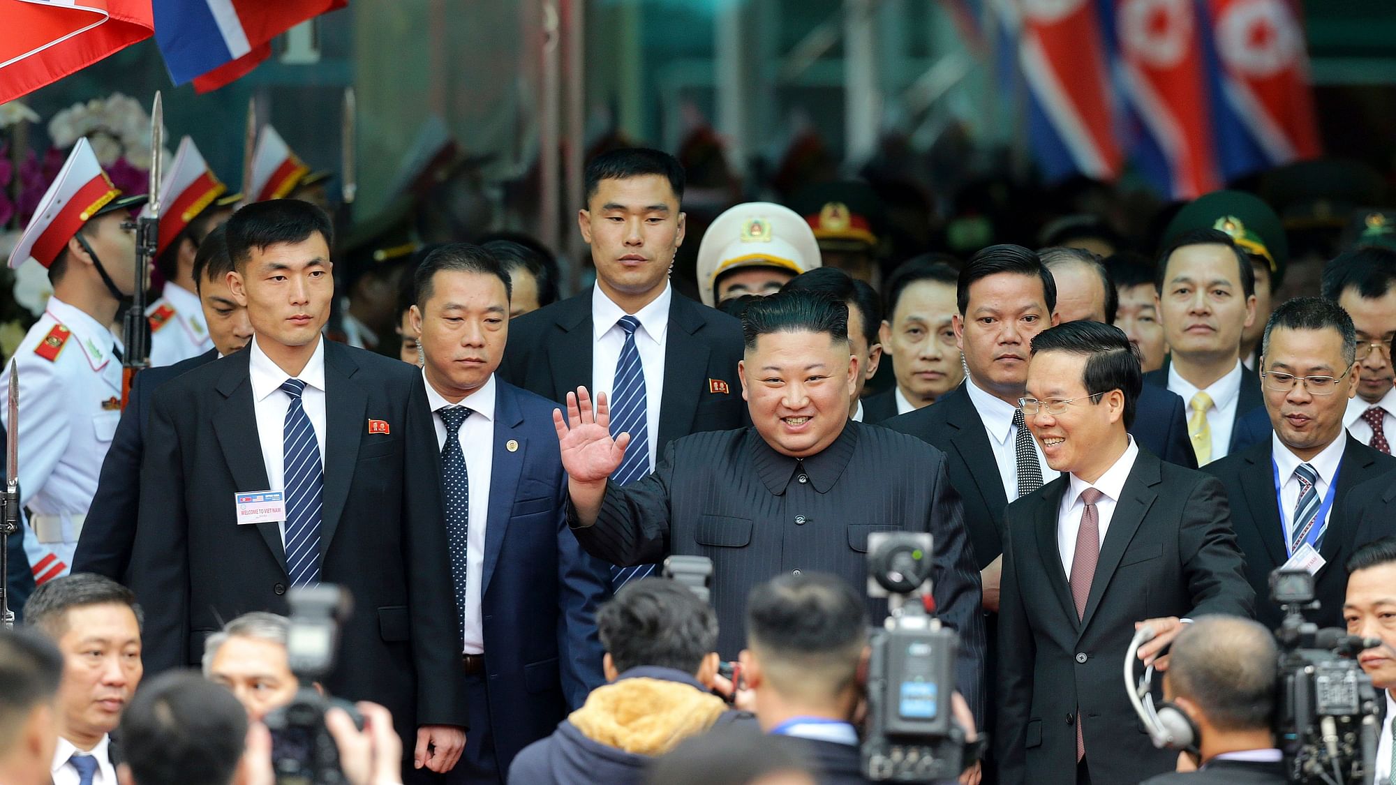 North Korean leader Kim Jong-un waves upon arrival by train in Dong Dang in Vietnam ahead of his second summit with US President Donald Trump. 