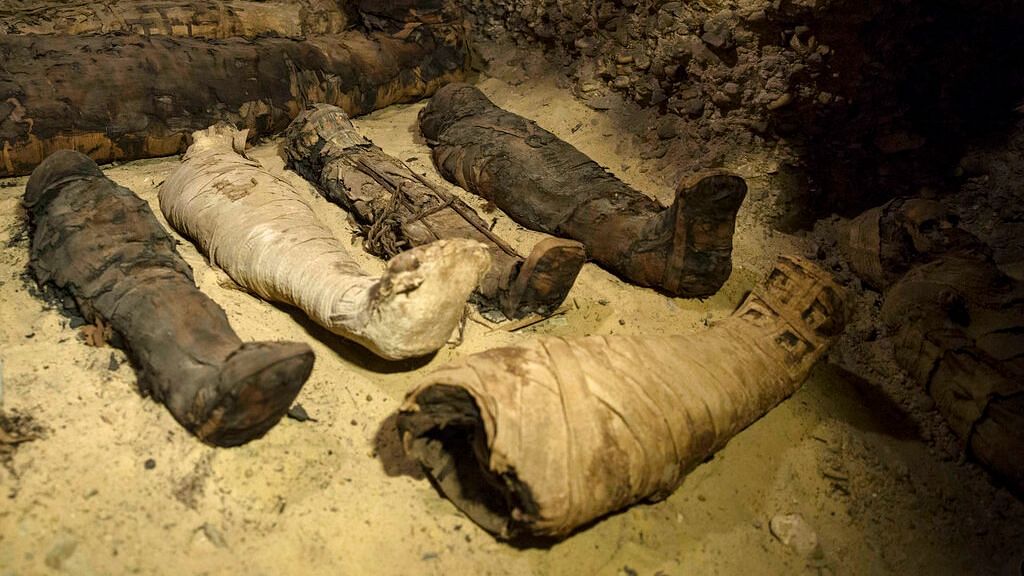 Mummies lie in a recently-discovered burial chamber in the desert province of Minya, south of Cairo, Egypt on 2 February 2019.&nbsp;
