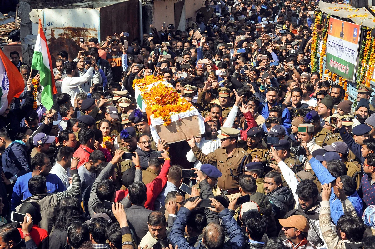 The funeral procession of CRPF jawan Mohan Lal who was killed in the Pulwama terror attack, in Haridwar.