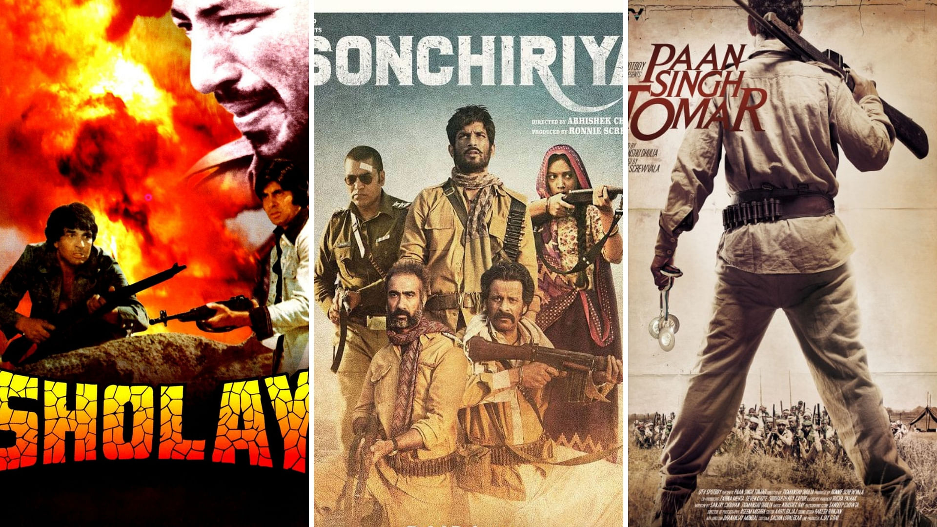 Posters for <i>Sholay</i> (left), <i>Sonchiriya</i> (centre) and <i>Paan Singh Tomar</i> (right).