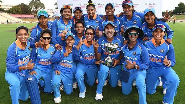 The Indian women’s cricket team poses with the trophy after winning their three-match ODI series in New Zealand 2-1.