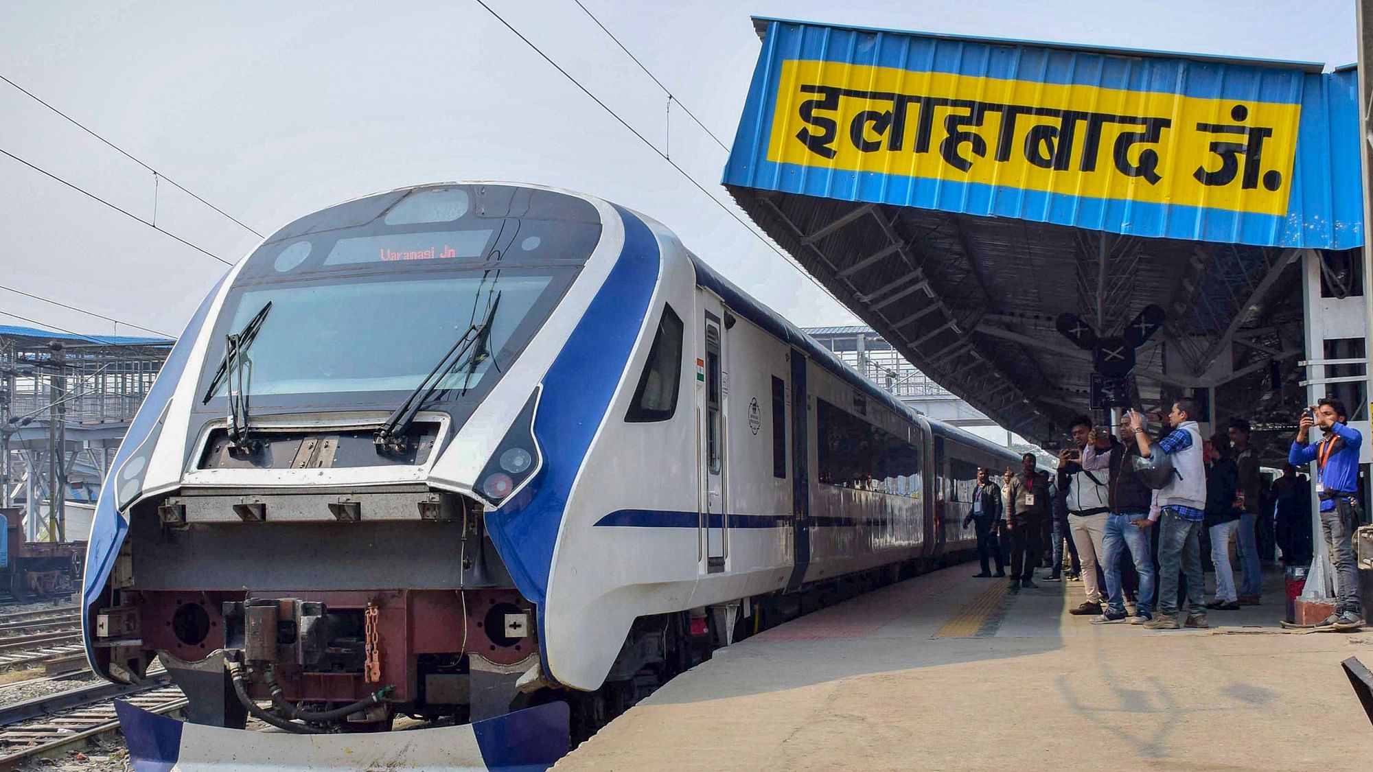 Indias fastest train Vande Bharat Express train, Train-18, at Allahabad Railway Junction.