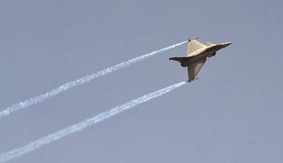 Bengaluru: Rafale aircraft flies in Bengaluru skies during the rehearsal for the Aero India show 2015 at Yelhanaka Airforce Station on Feb 14, 2015. (Photo: IANS)