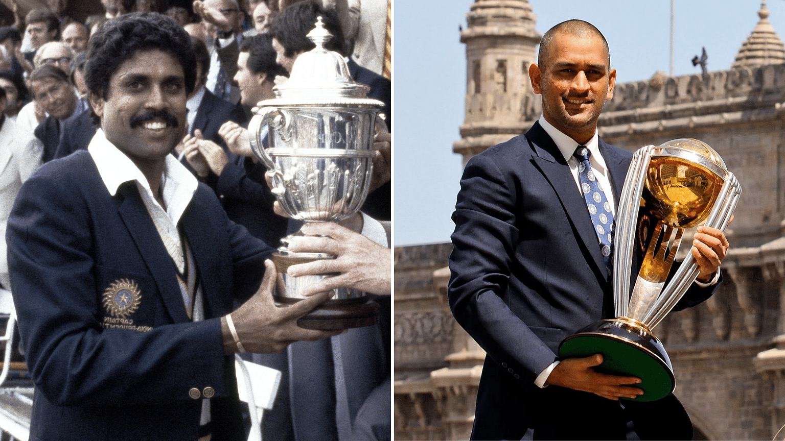 Kapil Dev and MS Dhoni after leading India to a World Cup title in 1983 and 2011, respectively.