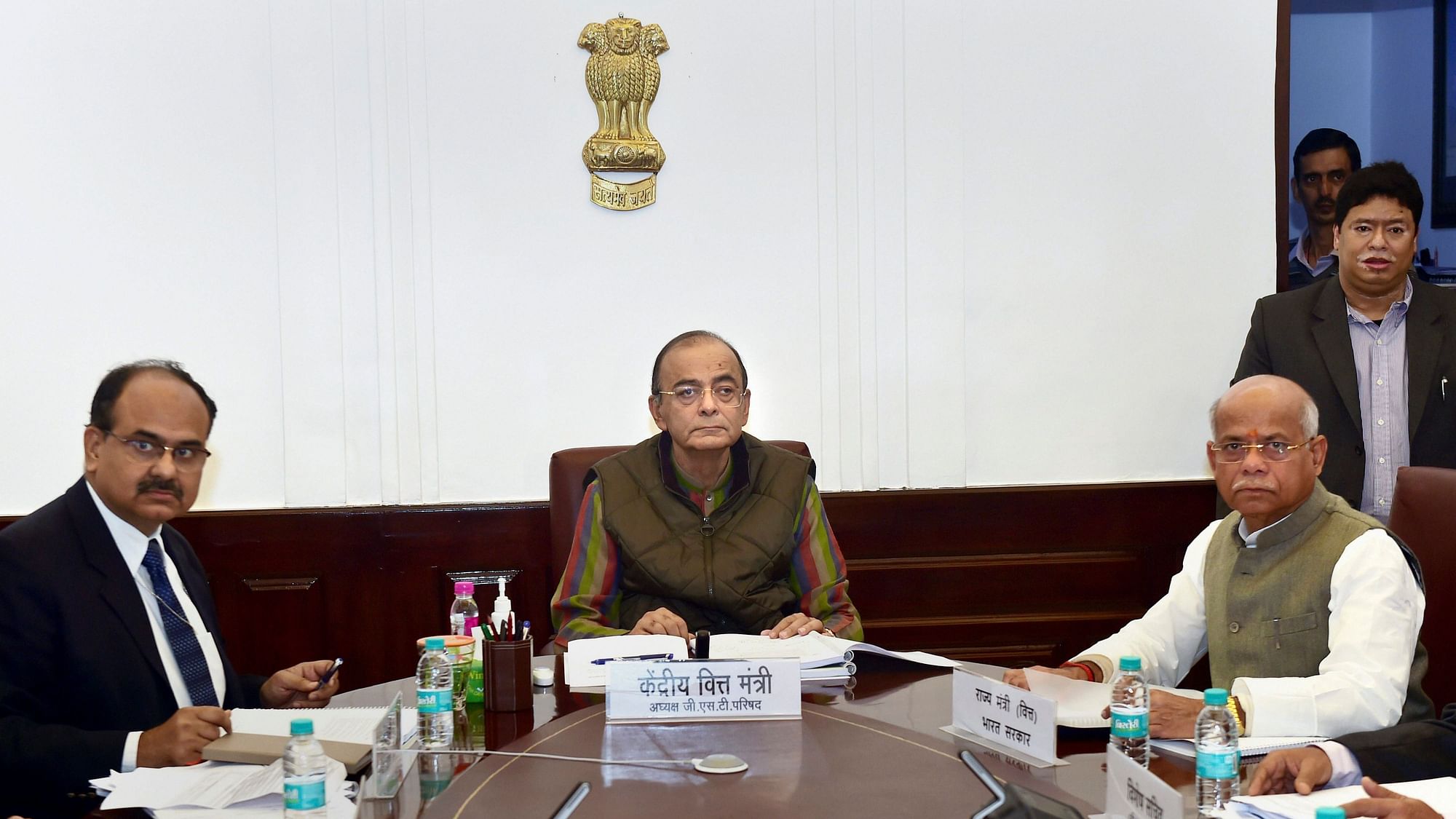 Arun Jaitley, Minister of State for Finance Shiv Pratap Shukla and Revenue Secretary Ajay Bhushan Pandey during the 33rd GST Council meeting  in New Delhi.