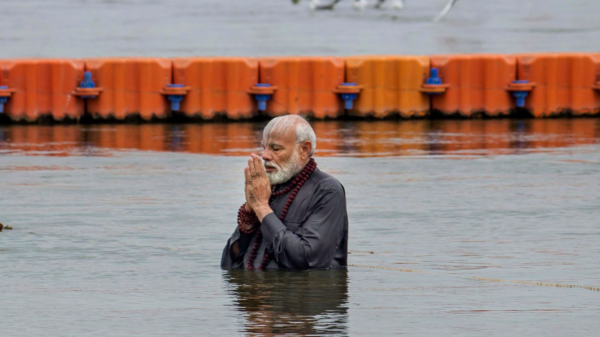 Prime Minister Narendra Modi takes a holy dip at Sangam during Kumbh Mela.