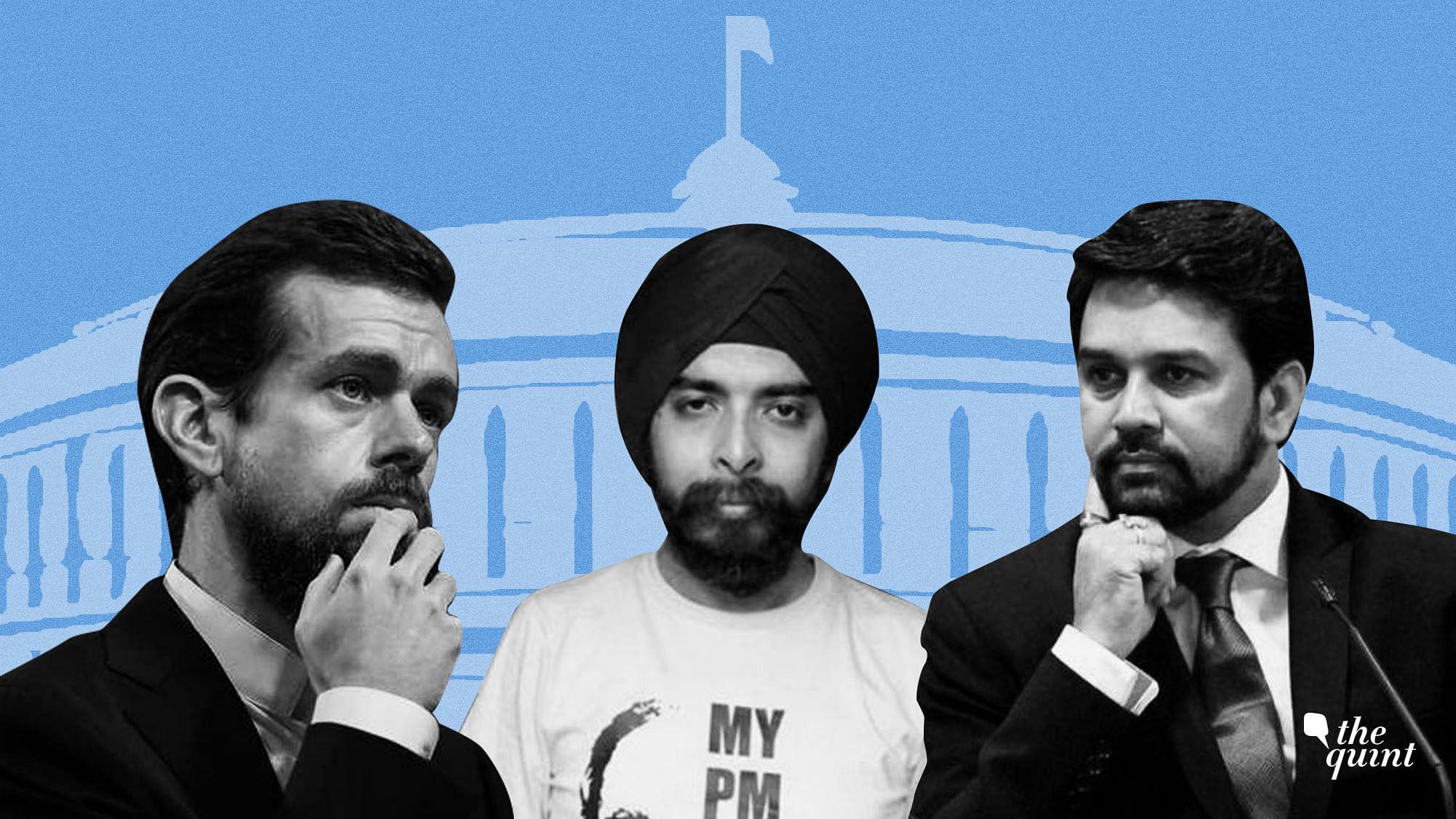 (From left) Twitter CEO Jack Dorsey,&nbsp; BJP Spokesperson Tajinder Singh Bagga and Chairperson of the parliamentary committee on IT, Anurag Thakur.