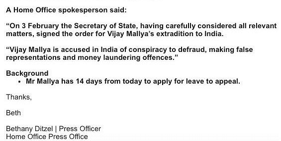 The UK Home Office approved fugitive liquor baron Vijay Mallya’s extradition to India.