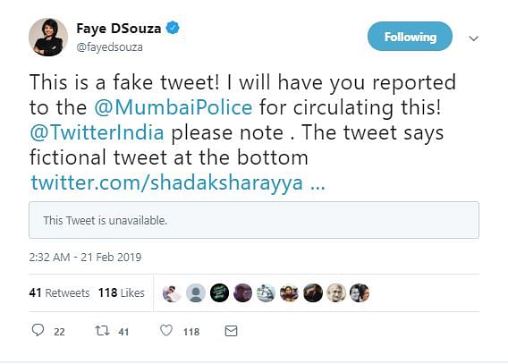 A tweet that was put out in Faye D’Souza’s name has been called out as fake by the journalist on Twitter. 
