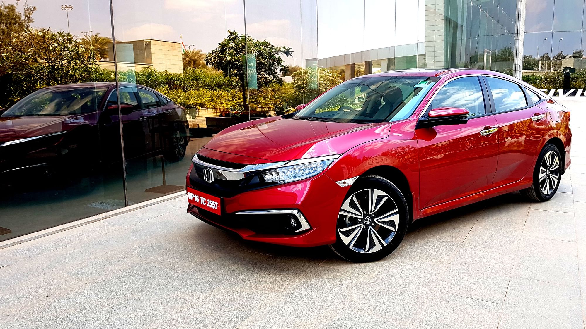 The Honda Civic has distinct coupe-like styling with the family look.