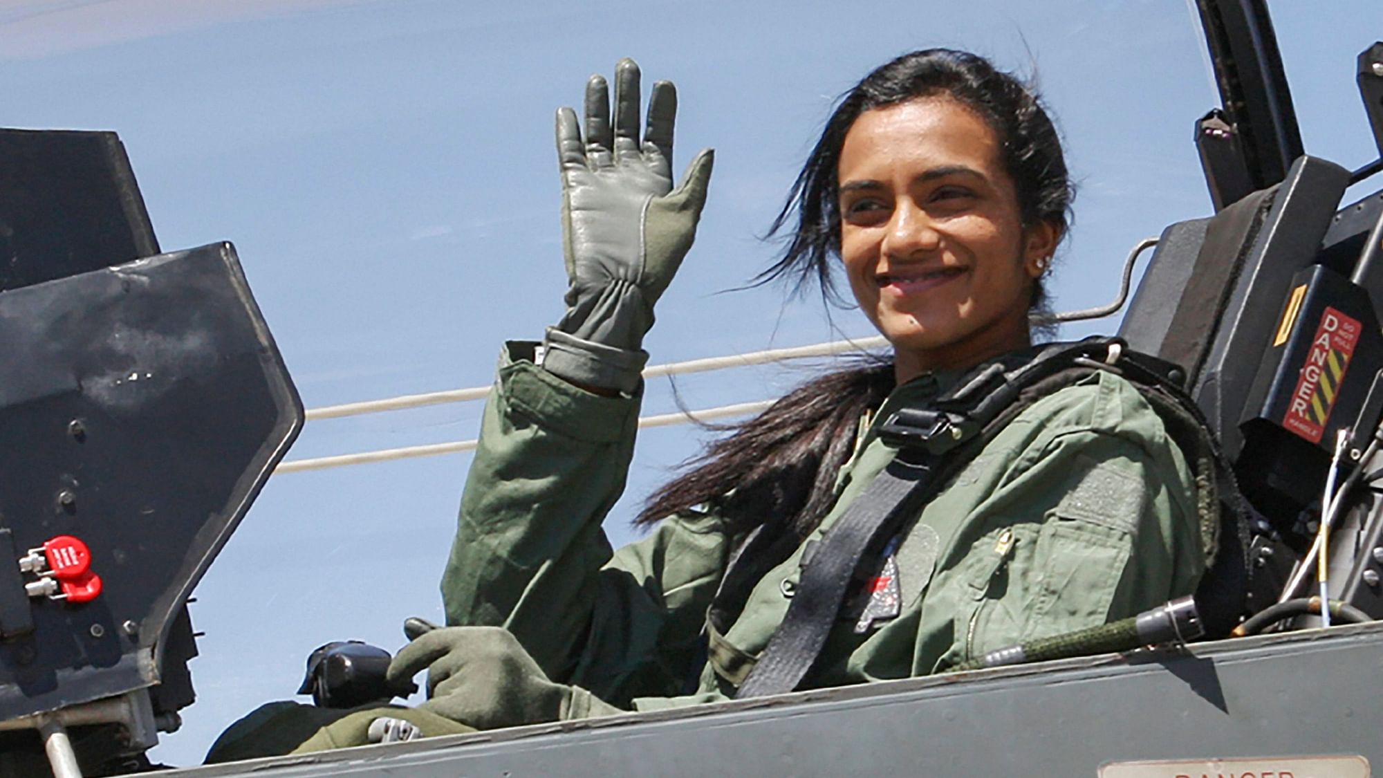 Badminton player PV Sindhu waves before she takes off for a sortie in the indigenous Light Combat Aircraft, Tejas, in Bengaluru.&nbsp;