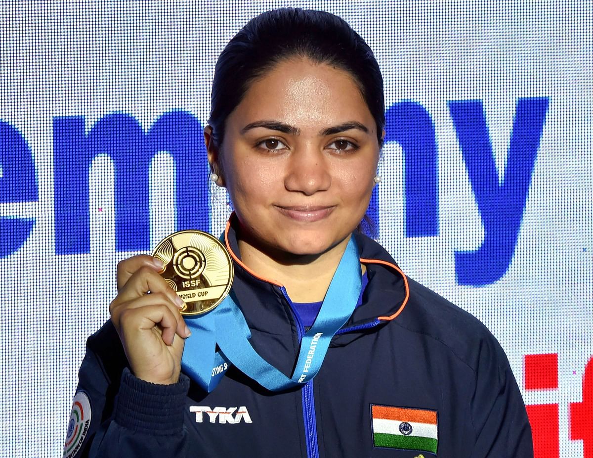 The 26-year-old shoots a total of 252.9 to clear the existing world-record in the event by 0.5 points at New Delhi.