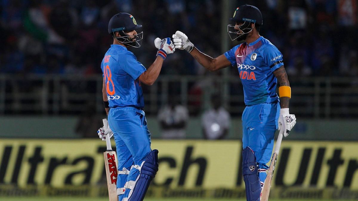 Virat Kohli (left) shared a 55-run stand with KL Rahul, who returned to the Indian side for the first time since the ‘Koffee’ controversy.