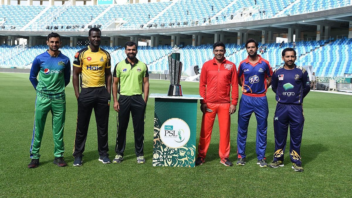 Captains of the six franchises pose with the trophy ahead of the start of PSL 2019.
