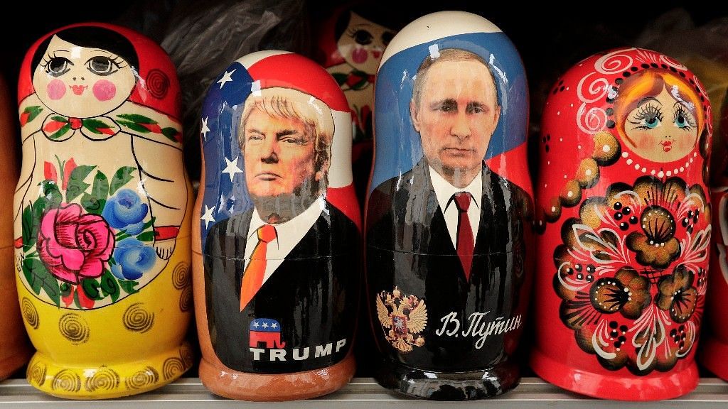 Traditional Russian dolls, called Matryoshka, depicting US President Donald Trump and Russian President Vladimir Putin in St Petersburg, Russia.﻿&nbsp;