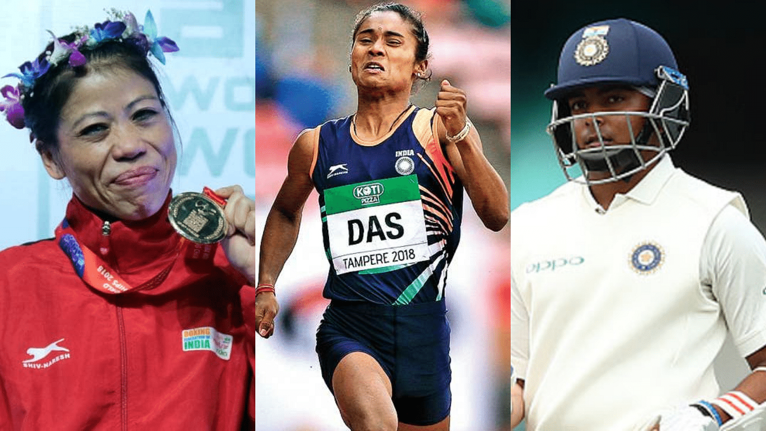 File pictures of MC Mary Kom (left), Hima Das and Prithvi Shaw.