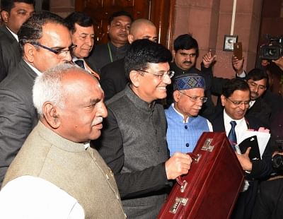 New Delhi: Union Finance and Corporate Affairs Minister Piyush Goyal accompanied by Union Ministers of State for Finance Pon Radhakrishnan and Shiv Pratap Shukla, arrives at Parliament to present the interim budget 2019 in New Delhi, on Feb 1, 2019. (Photo: IANS/PIB)