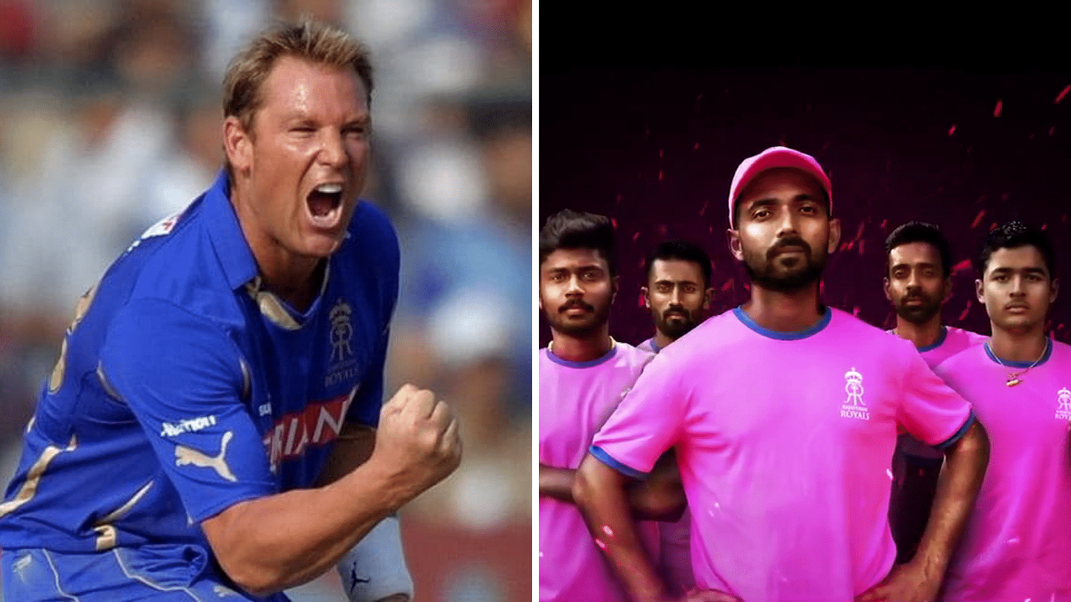 From left: Shane Warne and Rajasthan Royals in their new pink jersey.