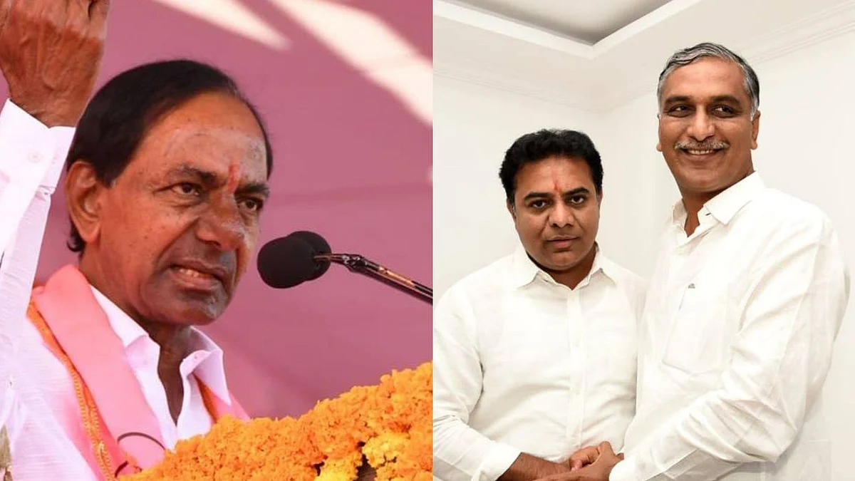 K Chandrashekar Rao (left), K Taraka Rama Rao and KCR’s nephew Harish Rao (right)