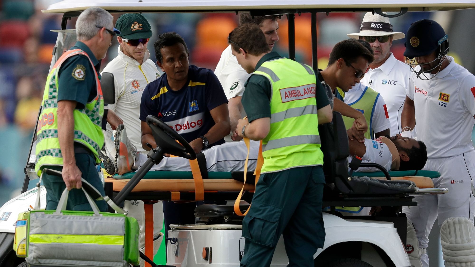 Sri Lanka opener Dimuth Karunaratne was taken to the hospital after being hit on the back of the head on Day 2 of the second Test vs Australia at Canberra.