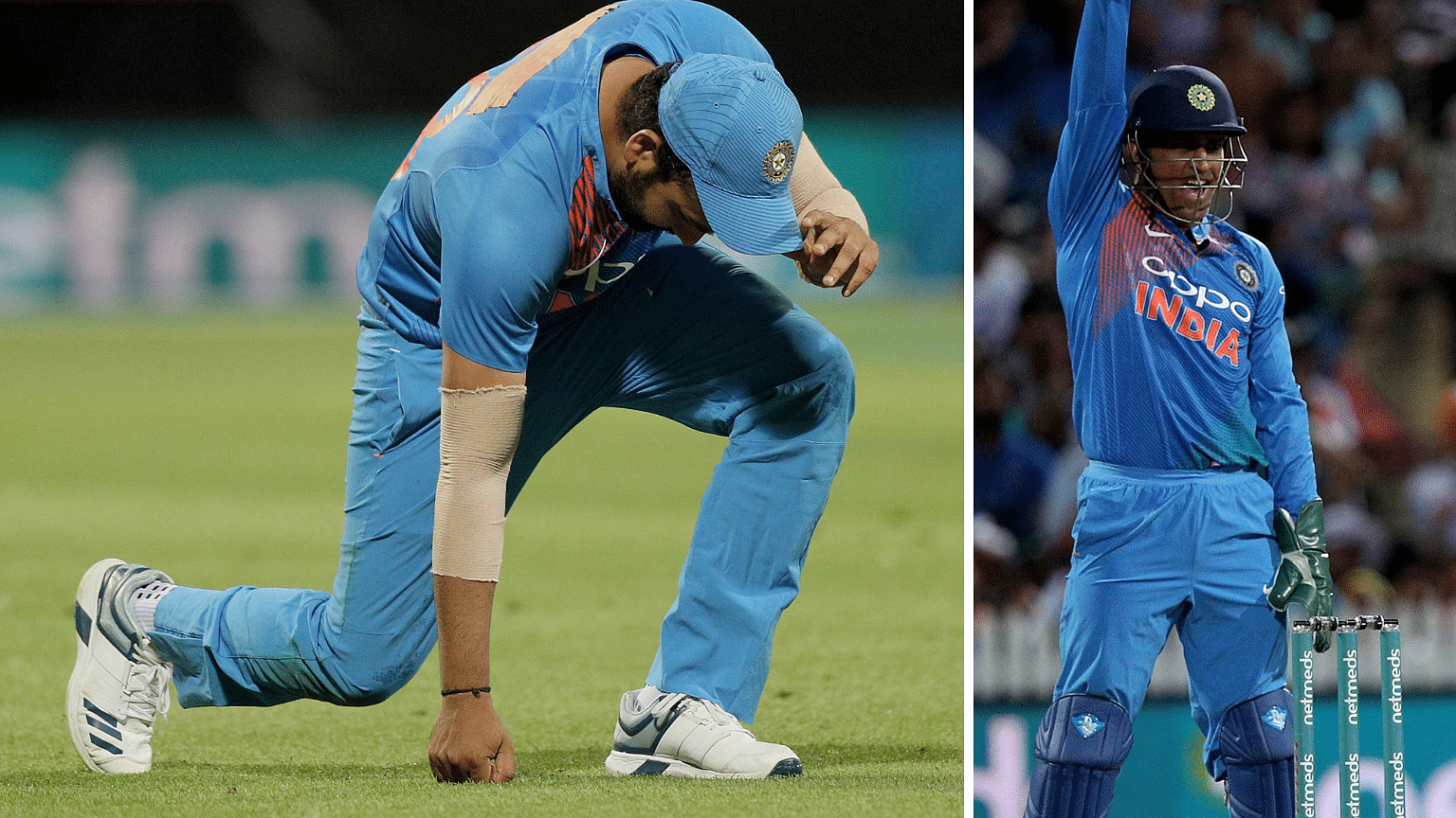 Rohit Sharma (left) reacts after dropping a catch and MS Dhoni in action against against New Zealand on Sunday.