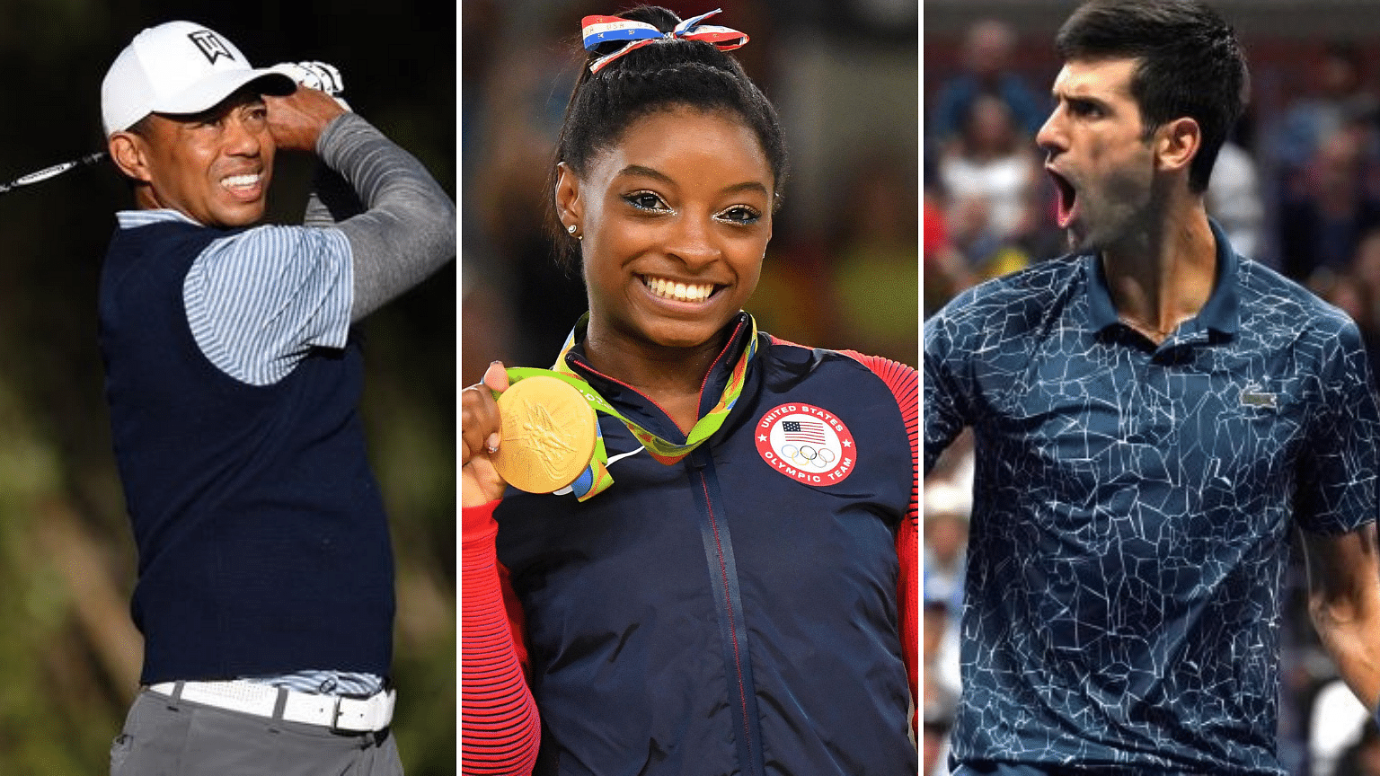 File pictures of Tiger Woods (left), Simone Biles and Novak Djokovic (right).