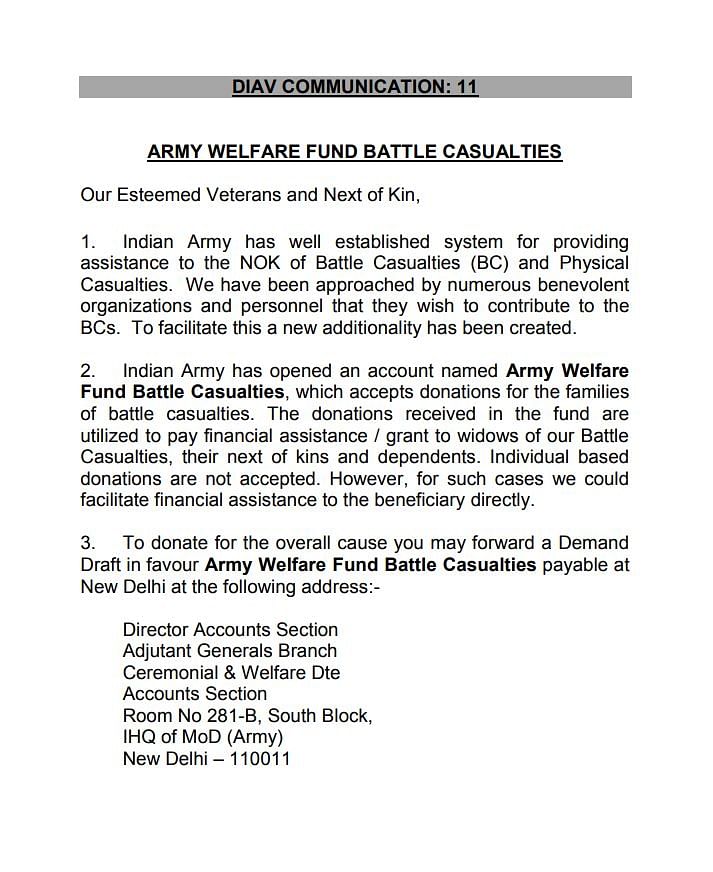 While there is an Army Battle Casualties Welfare Fund, it has not been set up to buy weapons.