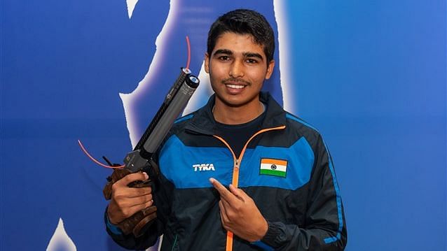 16-year-old Saurabh Chaudhary pictured at the ISSF World Cup in New Delhi, where he stormed to the Men’s 10m Air Pistol gold with a world record score.