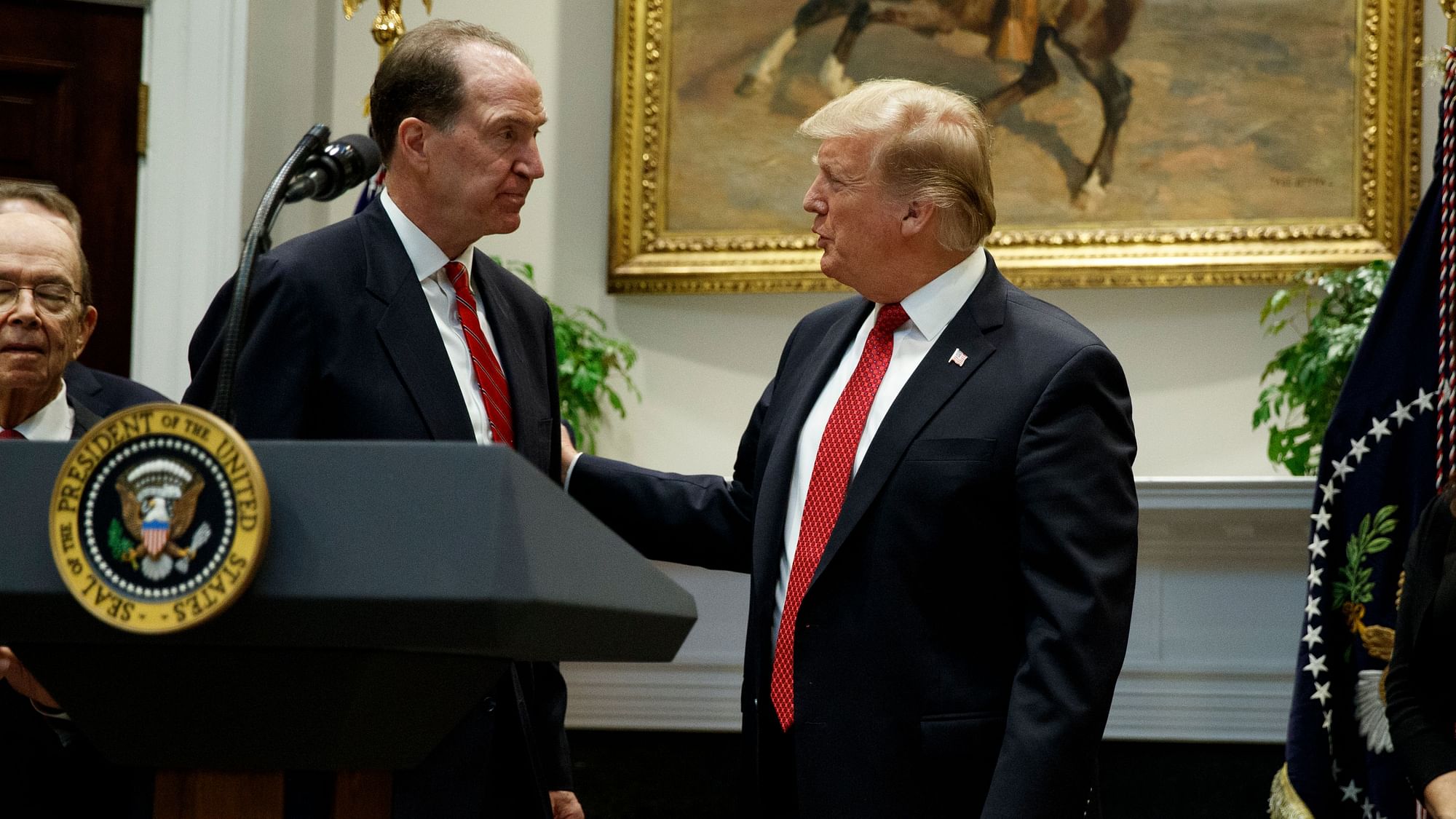 President Donald Trump congratulates David Malpass, under secretary of the Treasury for international affairs, after announcing his nomination to head the World Bank