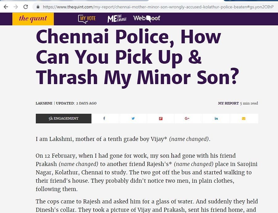 Chennai Police apologised to my 15-year-old boy, who was wrongly accused and beaten up by cops, says Lakshmi.