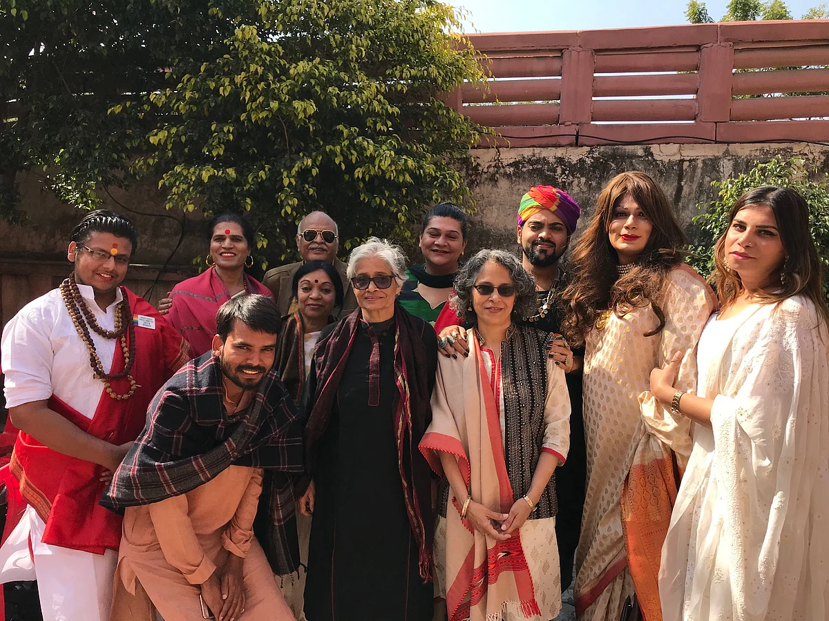 Attendees at the Awadh Queer Literature Festival pose in smiles.