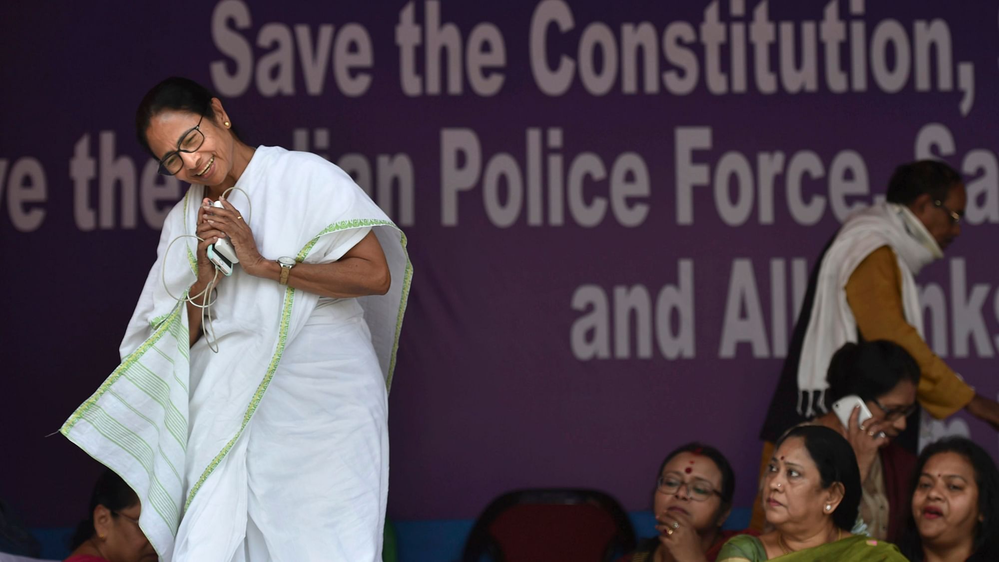 West Bengal Chief Minister Mamata Banerjee gestures during a sit-in over the CBIs attempt to question the Kolkata Police commissioner in connection with chit fund scams, in Kolkata.