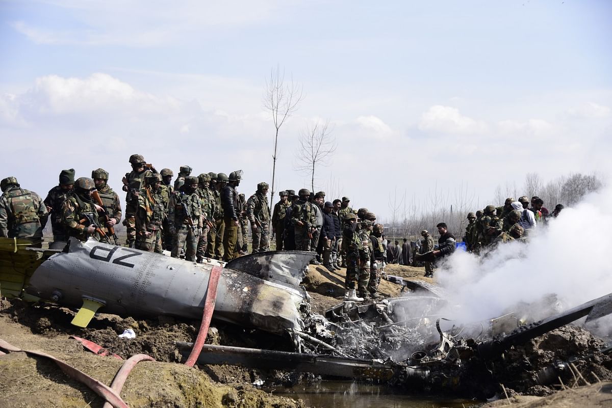 Wreckage after an IAF helicopter crashed near the Garend Kalan village in Jammu and Kashmir’s Budgam area.