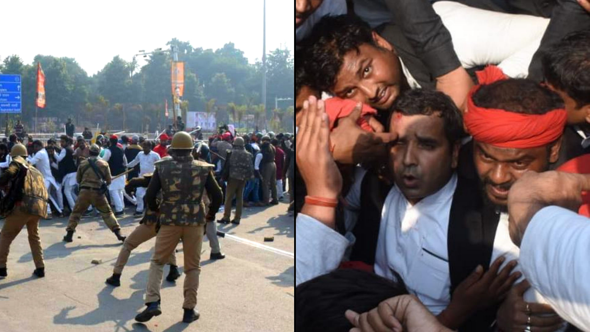 Police lathi-charge at Samajwadi Party workers and MP Dharmendra Yadav (right) in Prayagraj, Uttar Pradesh.