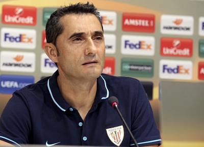 Head coach of Athletic Bilbao, Ernesto Valverde, speaks during a press conference held on the eve of their UEFA