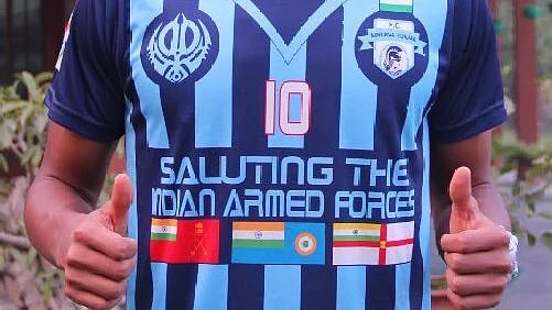 Real Kashmir’s team jersey has a line written ‘We Salute Indian Army’.