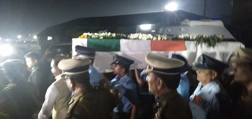 Mortal remains of Head Constable Maneswar Basamatari arrive at Air Force Station in Assam.
