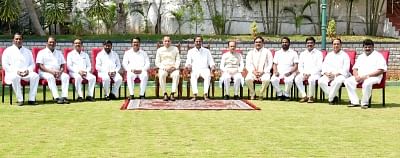Hyderabad: Telangana Chief Minister K. Chandrashekhar Rao and Governor E.S.L. Narasimhan with the newly inducted ministers in Hyderabad, on Feb 19, 2019. The ministers who took oath are A. Indrakaran Reddy, Eatala Rajender, Koppula Eshwar, T. Srinivas Yadav, V. Prashanth Reddy, S. Niranjan Reddy, V. Srinivas Goud, E. Dayakar Rao, Malla Reddy and G. Jagadishwar Reddy. (Photo: IANS)
