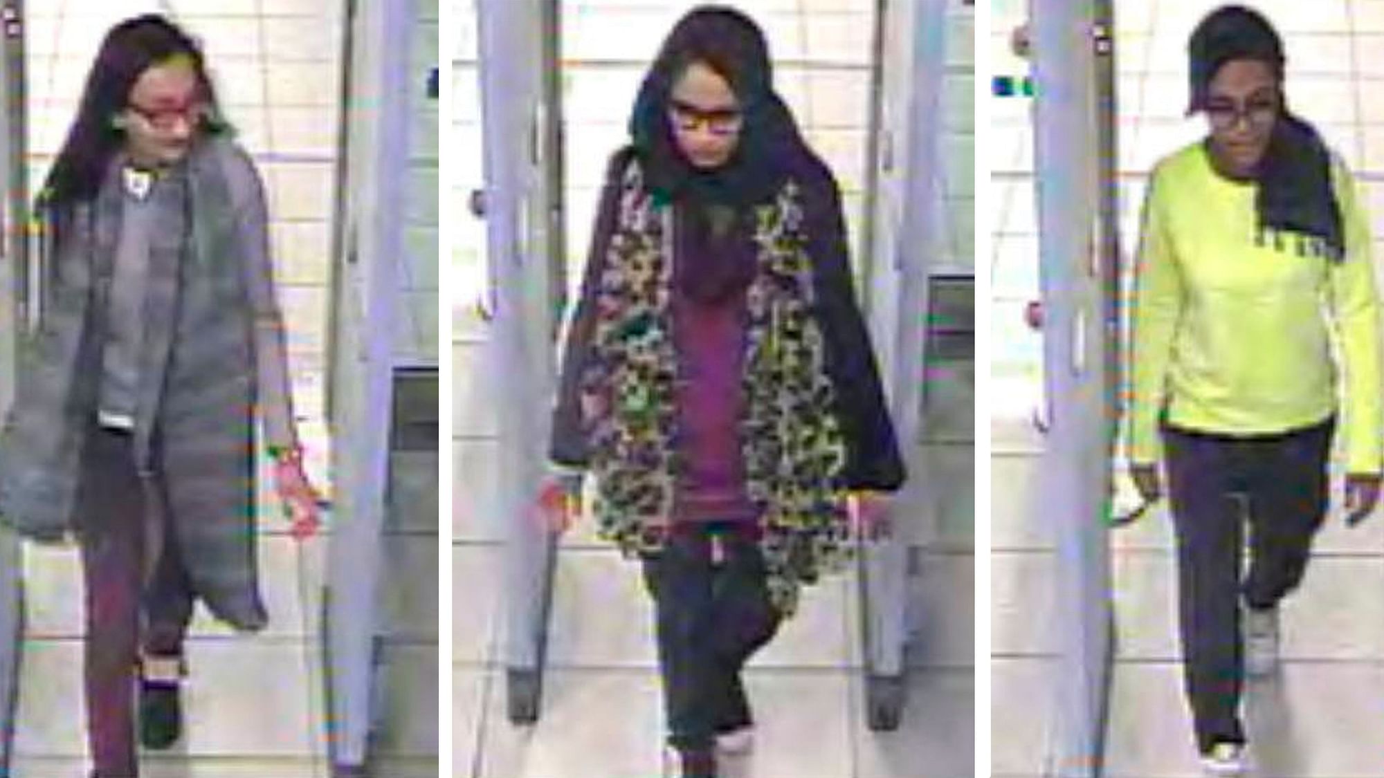 CCTV footage shows Shamima Begum (centre) and two other girls going through security before catching their flight to Turkey.