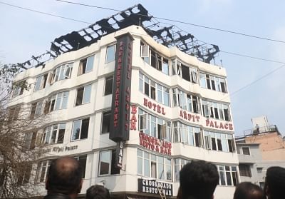 New Delhi: Hotel Arpit Palace in Karol Bagh where a major fire broke out killing seventeen people, including a child and injuring three others in New Delhi on Feb 12, 2019. (Photo: IANS)