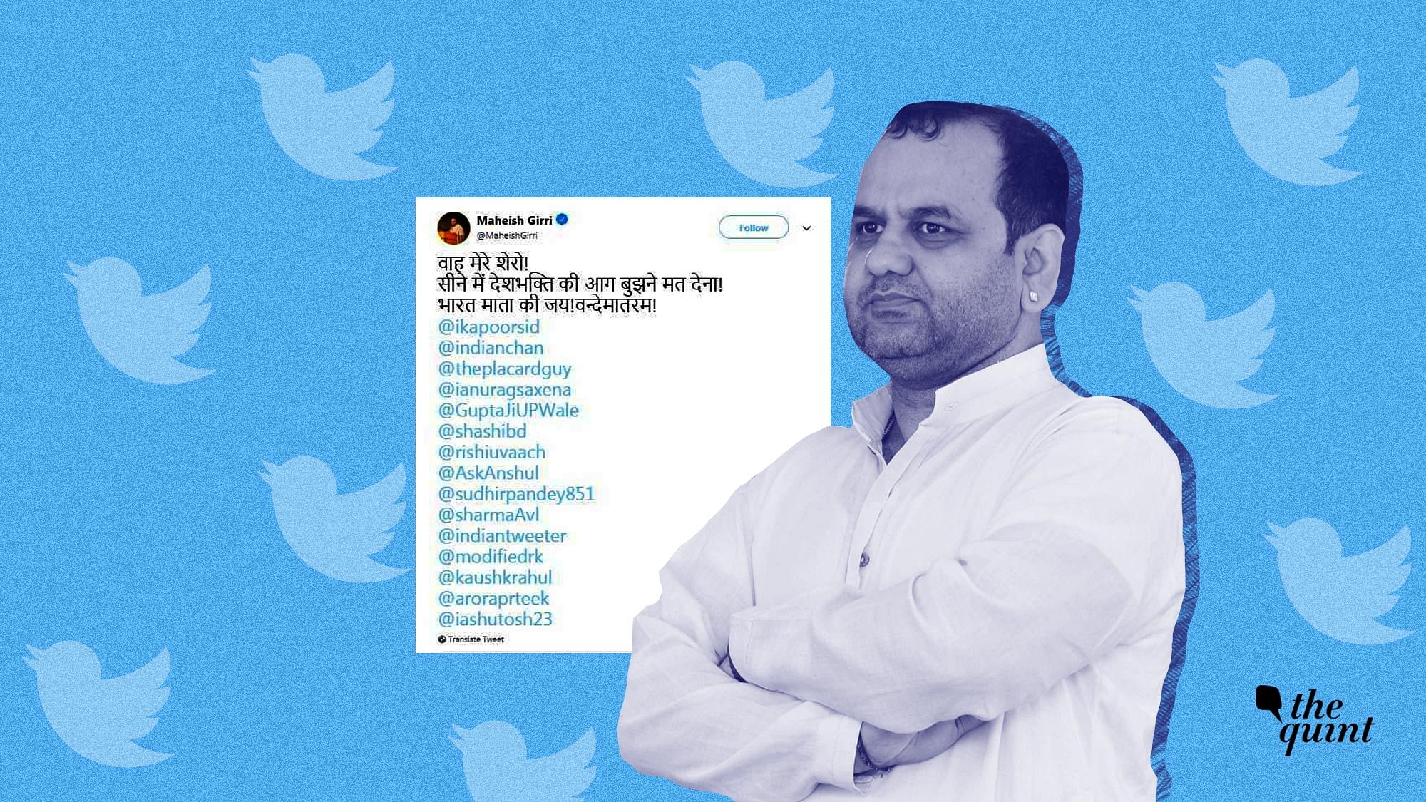 In a tweet posted on 19 February, BJP MP from East Delhi Maheish Girri has praised the admins of the ‘Clean the Nation’ Facebook group which targets ‘anti-nationals’ posting on social media in the aftermath of the Pulwama attack.