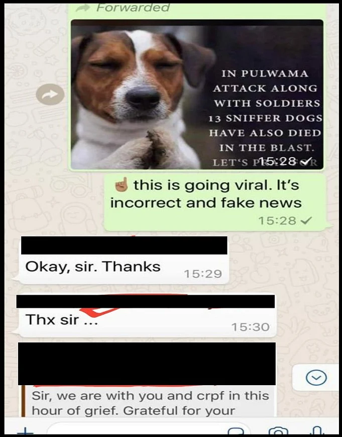 Screenshot of a WhatsApp message showing CRPF informing members about a fake post.